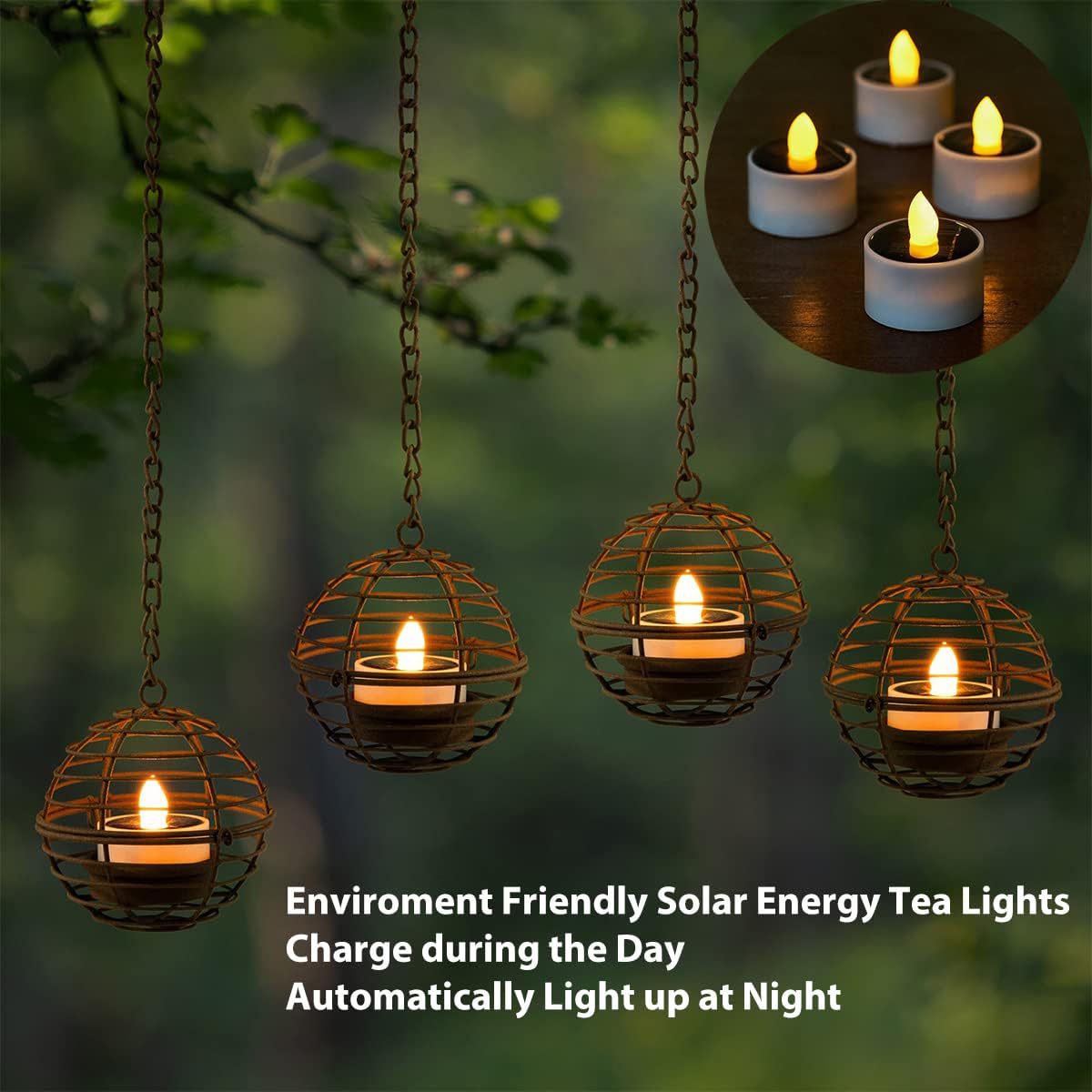 Solar candle ball lantern glowing in a garden at dusk