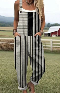 Womens digital print overall jumpsuit with adjustable button shoulder straps