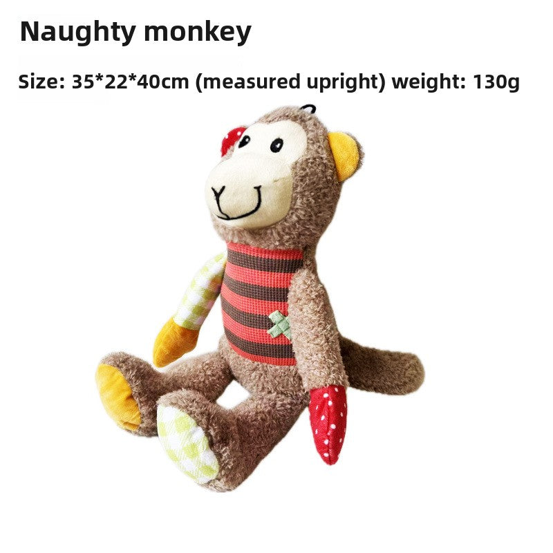 Corn velvet plush pet toy with an embroidered face and a squeaker inside for play