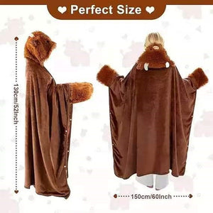 Size diagram of the hooded cape blanket showing about 130 cm long and 150 cm wide