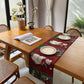 Christmas table runner with snowman pattern on red and green squares on a wooden table, 33x180 cm option