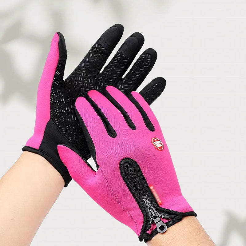 Pink touchscreen gloves, hot pink with black palm, with wrist zipper and silicone palm grip, one size fits all option