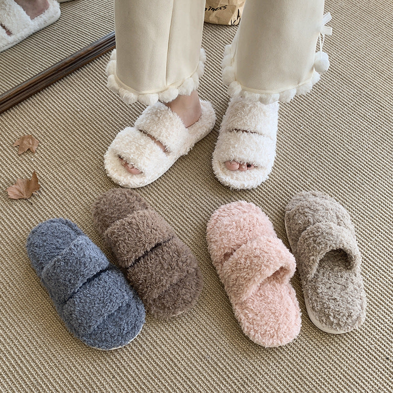Plush house slippers shown in several solid colors including white brown pink and blue