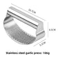 Heavier gauge garlic press panel showing 10.7 by 6.5 by 5.1 cm and 106 g perforated plate