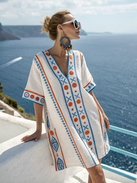 Womens Bohemian Print V Neck Beach Cover Up Kaftan Dress