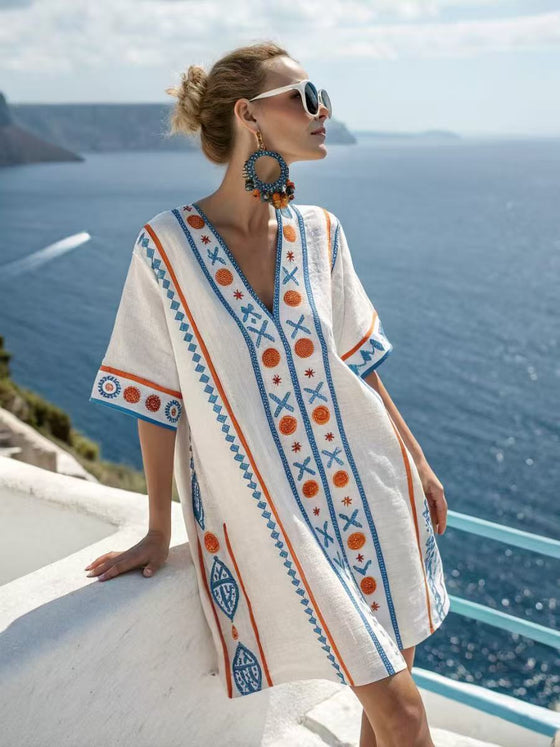 Womens Bohemian Print V Neck Beach Cover Up Kaftan Dress