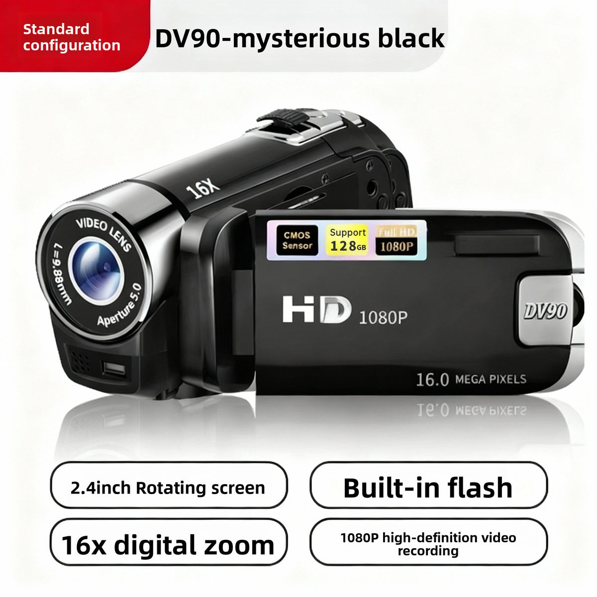 Black DV90 camera labeled mysterious black with flip screen, built in flash and 1080P high definition video recording