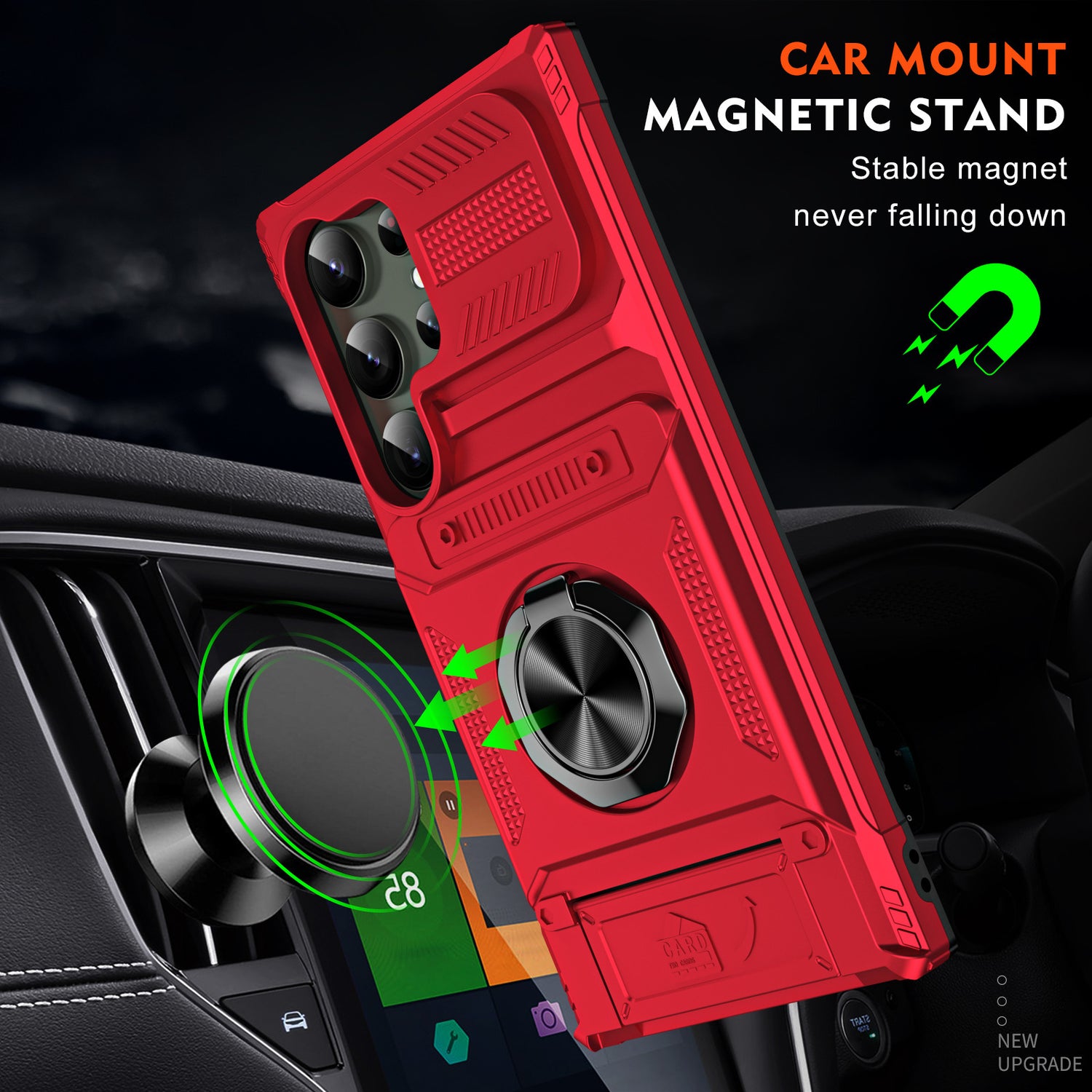 Maker panel showing a red case held on a round magnetic car mount on a dashboard vent