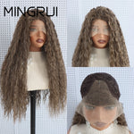 Long curly brown synthetic lace front wig with light highlights on a mannequin, front, close up and cap interior views