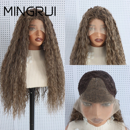 Long curly brown synthetic lace front wig with light highlights on a mannequin, front, close up and cap interior views