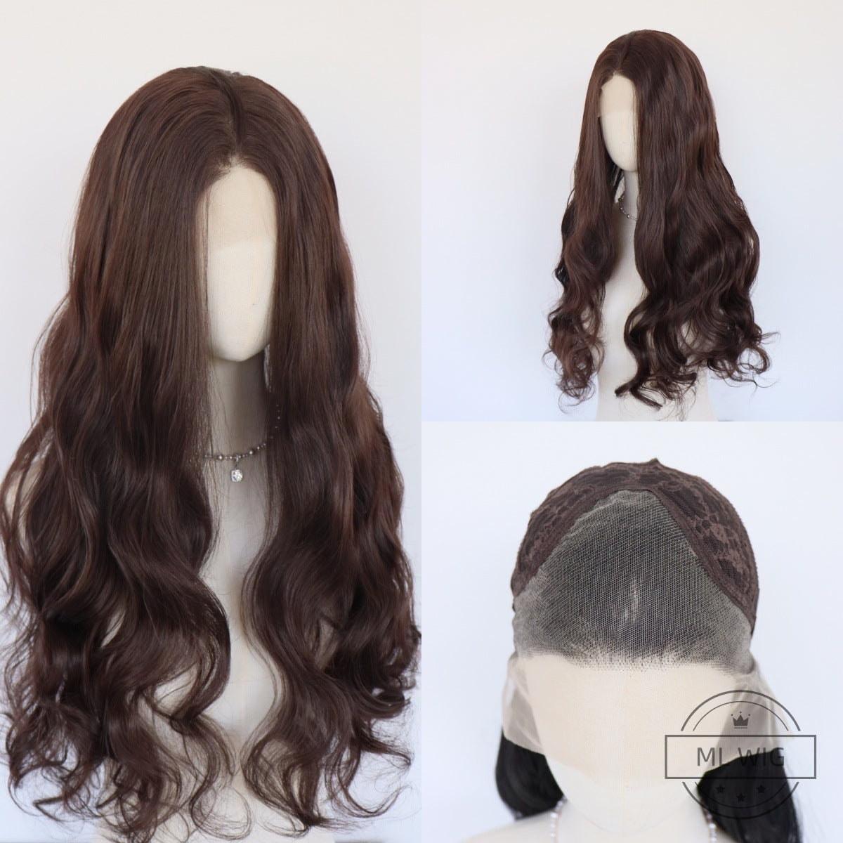 Dark brown long wavy lace front wig shown from the front, at full length, with the inside of the cap