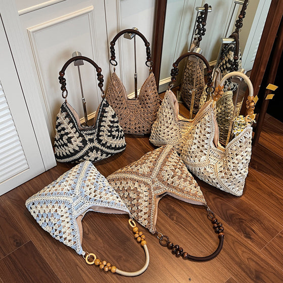 Womens Open Weave Slouch Hobo Bag with Beaded Handle