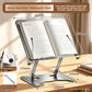 Space Silver minimalist reading stand with a book open, dimension callouts of 280 mm and 210 mm, base pad and adjuster tool