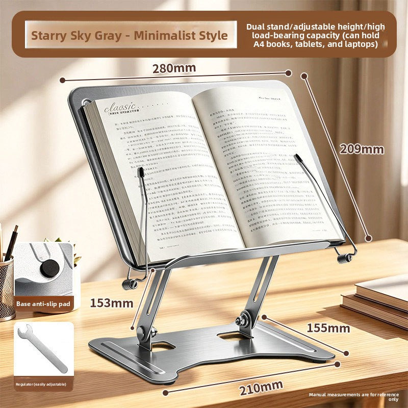 Space Silver minimalist reading stand with a book open, dimension callouts of 280 mm and 210 mm, base pad and adjuster tool