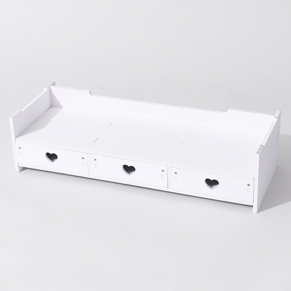 White 3 drawer desktop rack with heart cutout drawer fronts in one row, front angled view