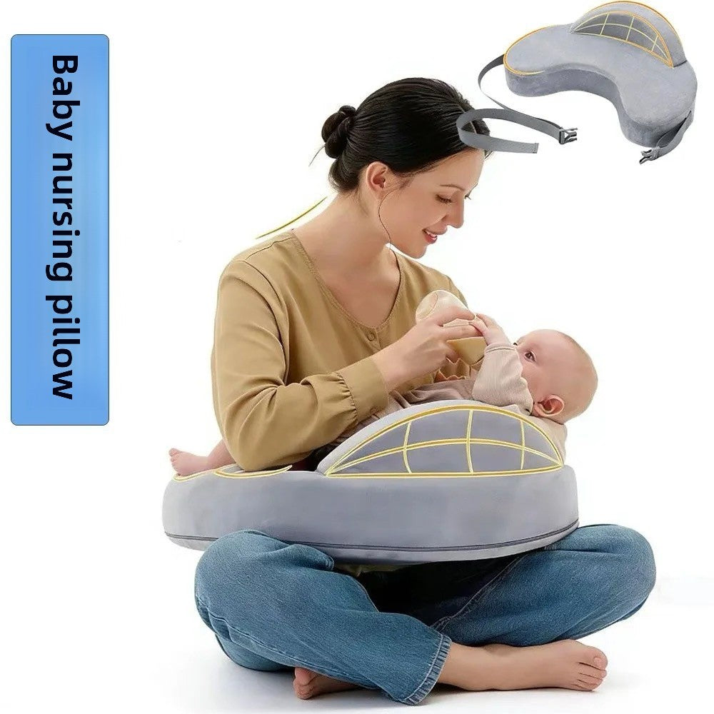 Memory foam infant nursing pillow in grey, front view of the curved feeding contour