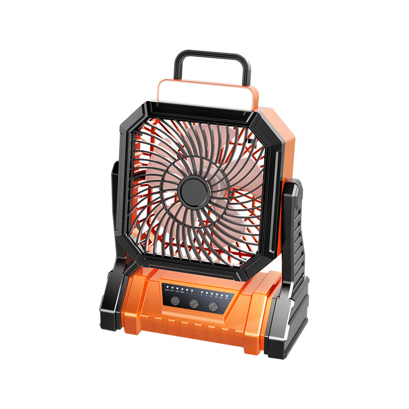 Orange rechargeable outdoor camping fan with a carry handle and LED bar