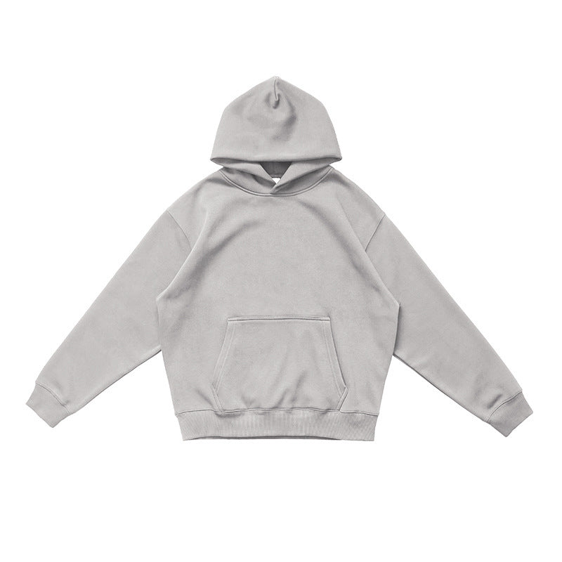 Stone Gray pullover hoodie with front pouch pocket and rib knit cuffs flat on white, size S option
