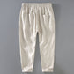 Pure linen mens drawstring straight leg trousers in apricot, waist and drawstring detail