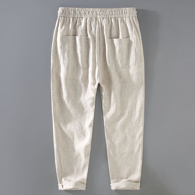 Pure linen mens drawstring straight leg trousers in apricot, waist and drawstring detail