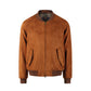 Brown vegan suede zip bomber jacket with a ribbed knit collar