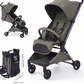 Olive green Kidilo travel stroller shown open and folded with dimension labels