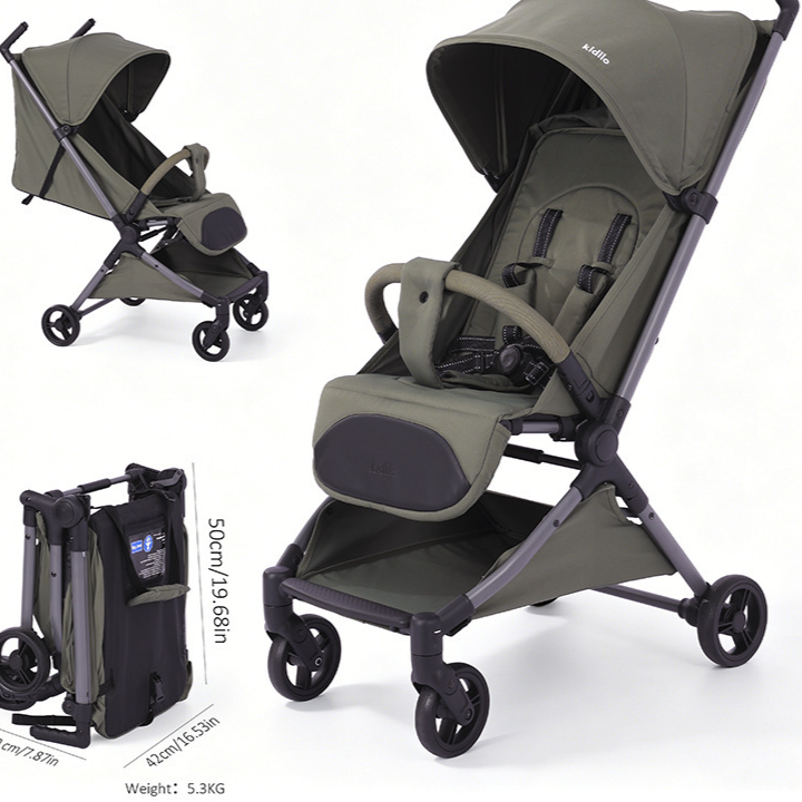 Olive green Kidilo travel stroller shown open and folded with dimension labels