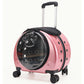 Deep pink metallic rolling pet carrier with a dark bubble window, pull rod and four swivel wheels