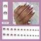 Full cover press-on almond nails in a purple glass finish, glossy finish shown on a hand