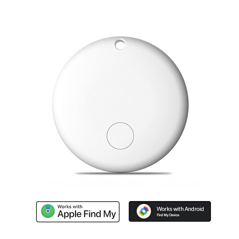 Round white F08 Bluetooth item tracker with Apple Find My and Android Find Hub badges