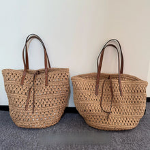 Large Woven Straw Tote Bag, Khaki Crochet, Vegan Leather Straps, Market to Beach