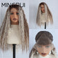 Long textured wave brown and platinum blonde lace front wig on a mannequin, front, side and cap interior views