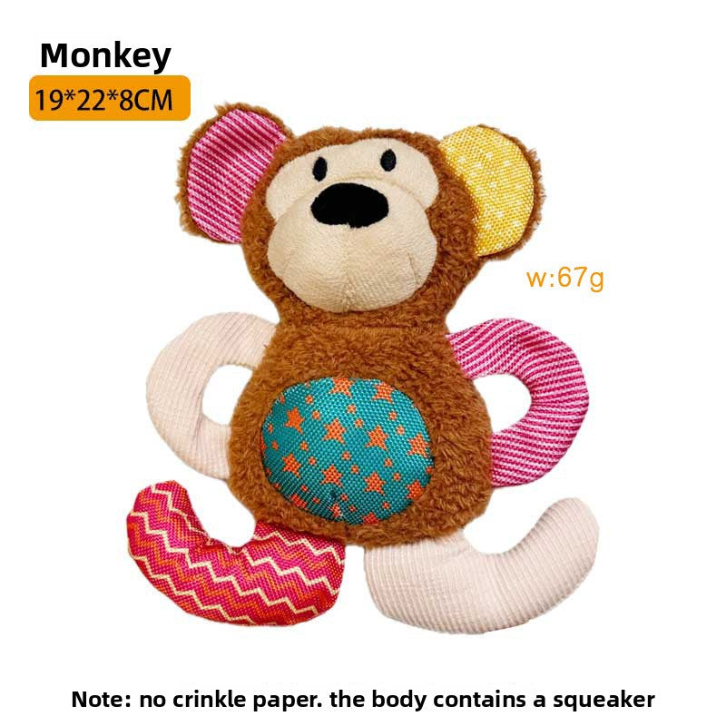 Plush squeaky pet toy design shown with its approximate size, soft body for gentle chewing