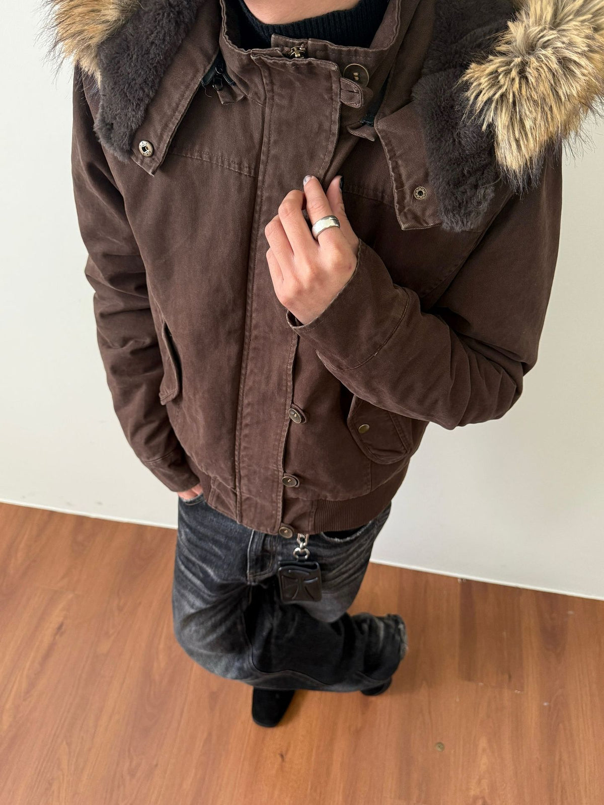 Dark brown hooded jacket with plush lined hood and fur trim, option photo for size L, zip front