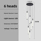 Specification panel of the 6 heads spiral LED chandelier with aluminum acrylic tubes, dimensions and light source
