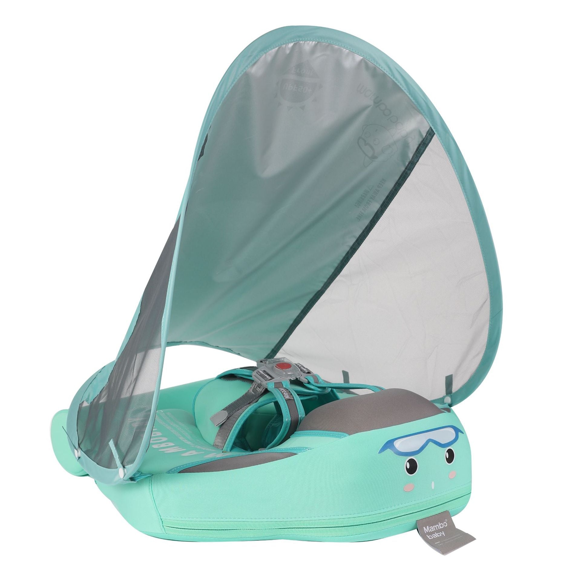 Mint green baby swim float on white showing the harness buckle and the raised canopy