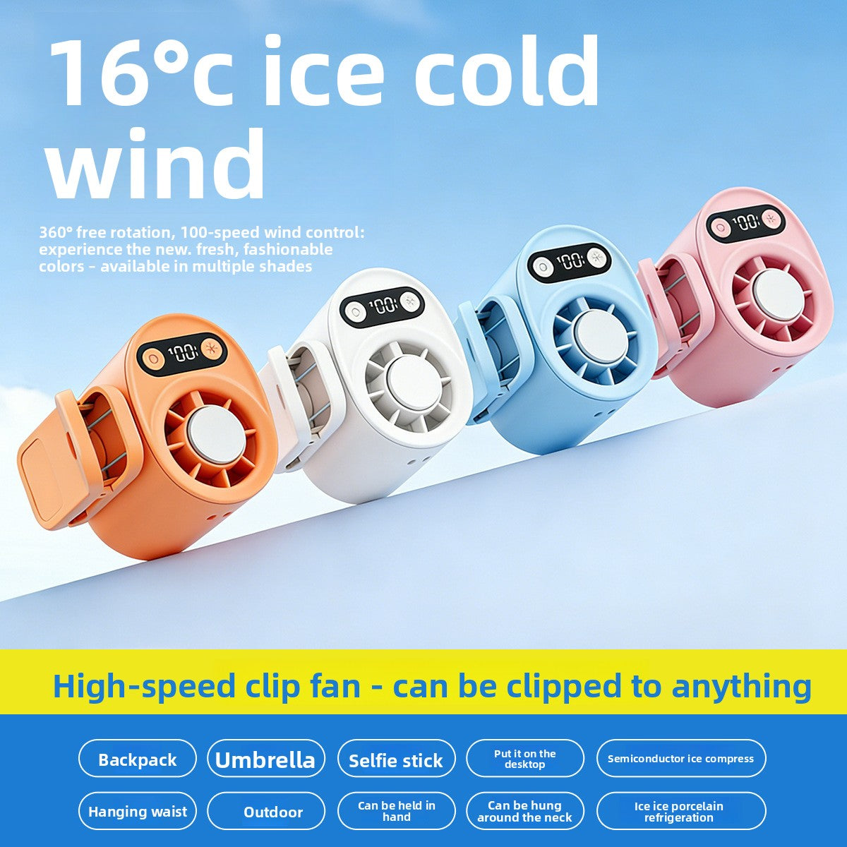 Wearable clip fan lineup showing the ice cooling models with digital speed displays