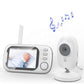 Baby monitor with an antenna parent unit and a white camera, music notes above for lullaby playback