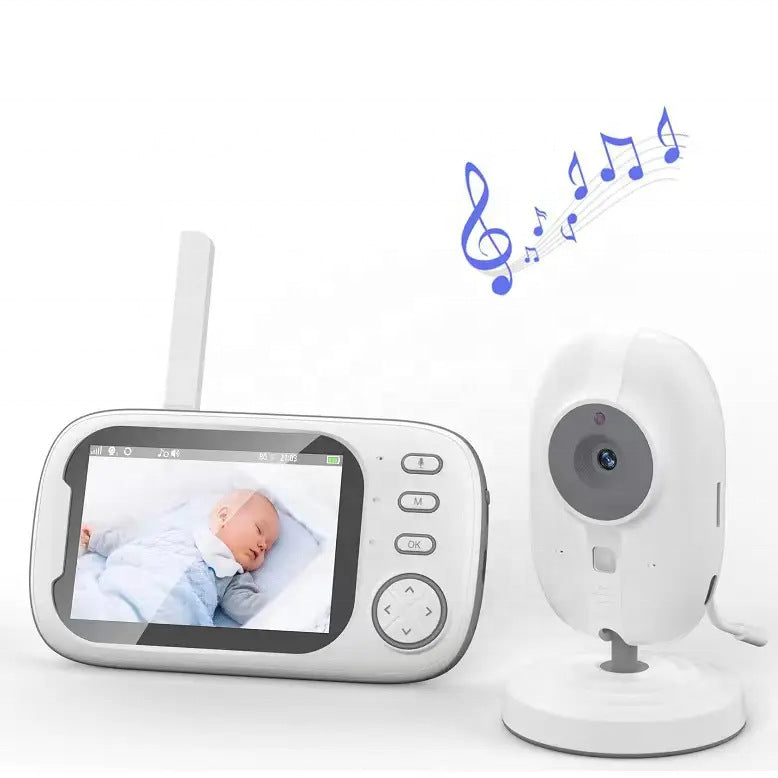 Baby monitor with an antenna parent unit and a white camera, music notes above for lullaby playback