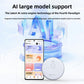 White AI translator puck beside a phone running its translation app on a glowing blue AI backdrop