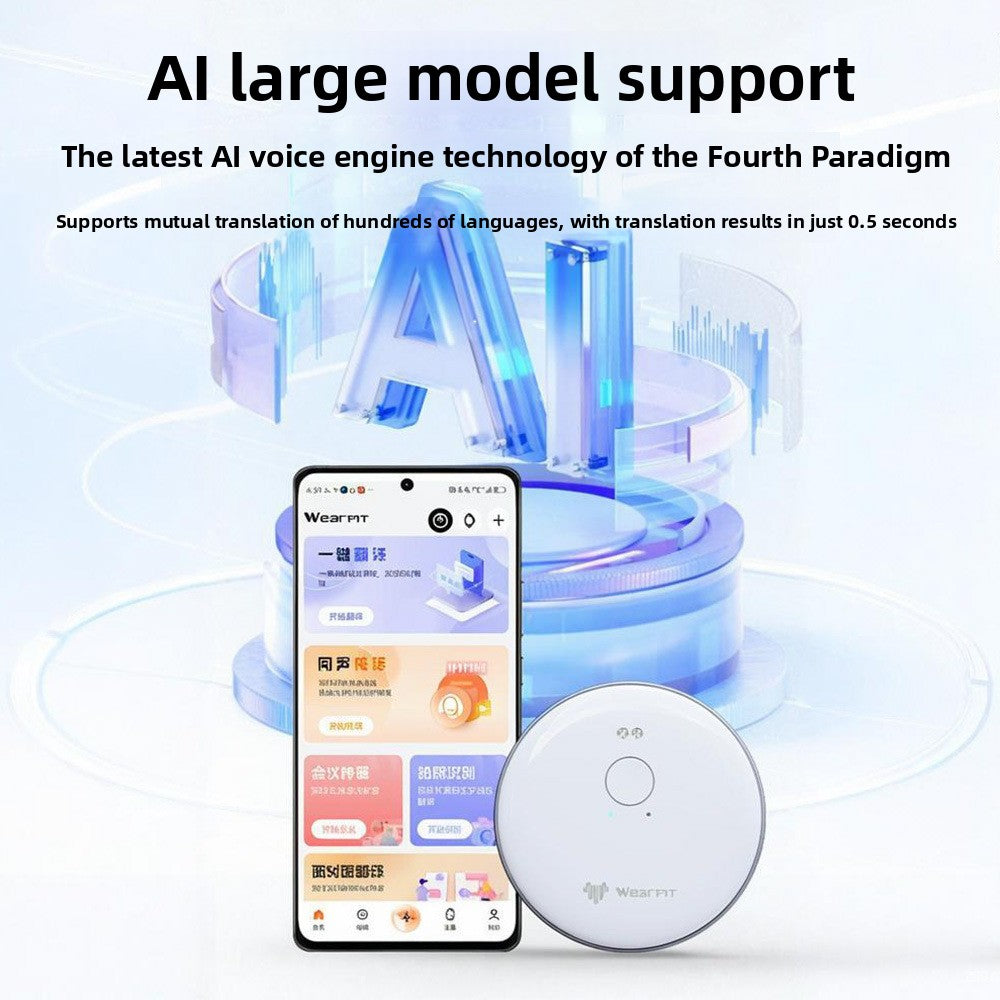 White AI translator puck beside a phone running its translation app on a glowing blue AI backdrop