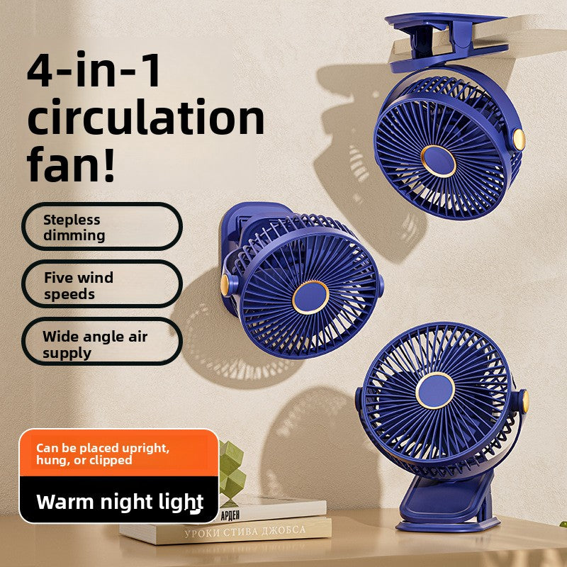 Blue clip fan shown clamped under a shelf, hanging and standing on its folded clamp