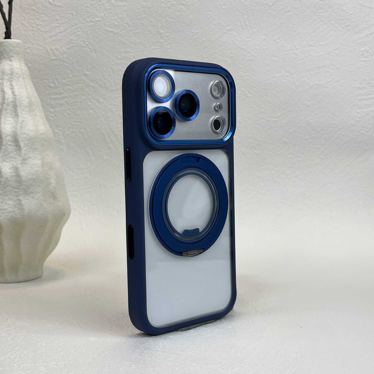 Dark blue phone case with clear back and ring stand, variant photo for iPhone 13 Pro