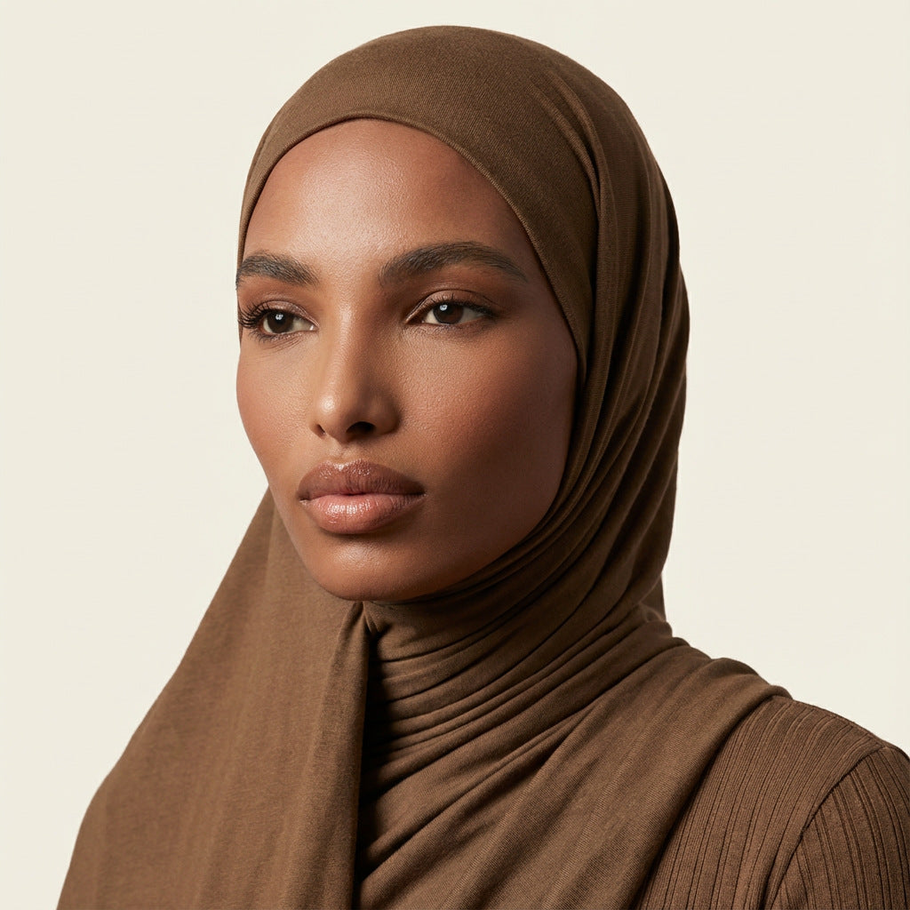 Modal cotton headscarf wrap draped to show length and the smooth fall of the breathable jersey knit