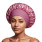 Dusty Rose satin sleep bonnet with ruffled crown and wide elastic band, 32 cm diameter