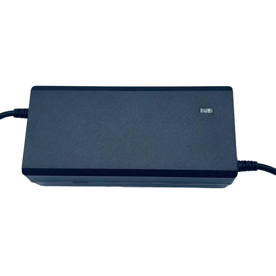 Lithium battery charger shown with its charge status indicator light on the housing