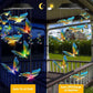 Blue and yellow butterfly LED figures hanging from a solar lamp head, glowing at night, black housing option