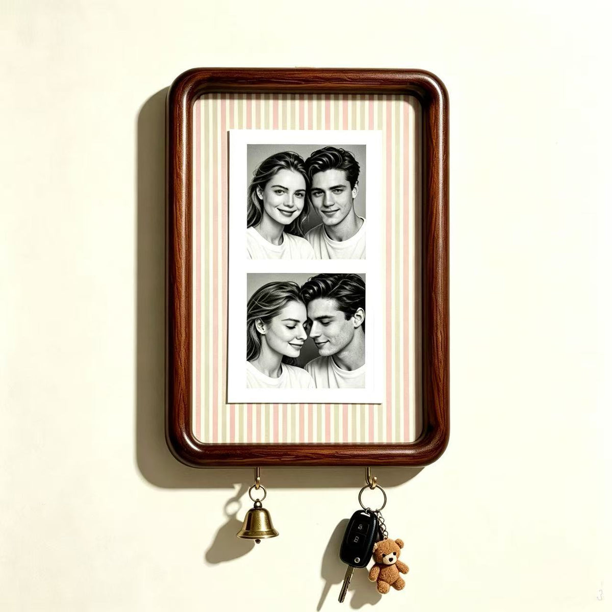 Option 8inch Hook Style 6: dark wood wall photo frame with pale sage and peach striped backing and two key hooks
