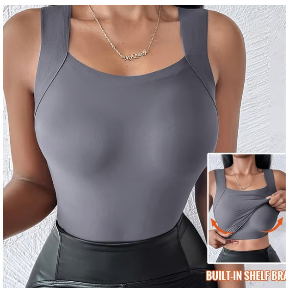 Gray blue seamless nylon square neck tank top, worn view with the built-in bra inset, size 2XL option photo