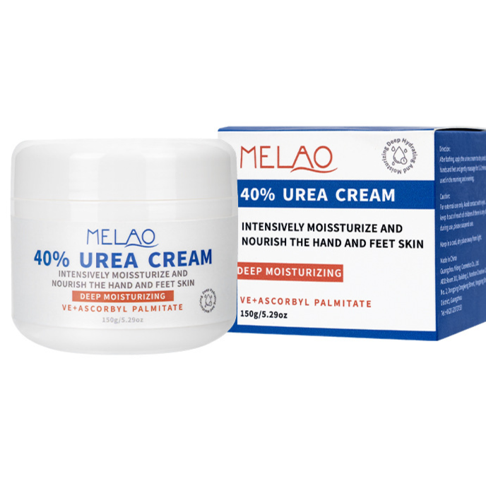 MELAO 40% Urea Cream jar and box side view showing the printed directions, 150 g, white background